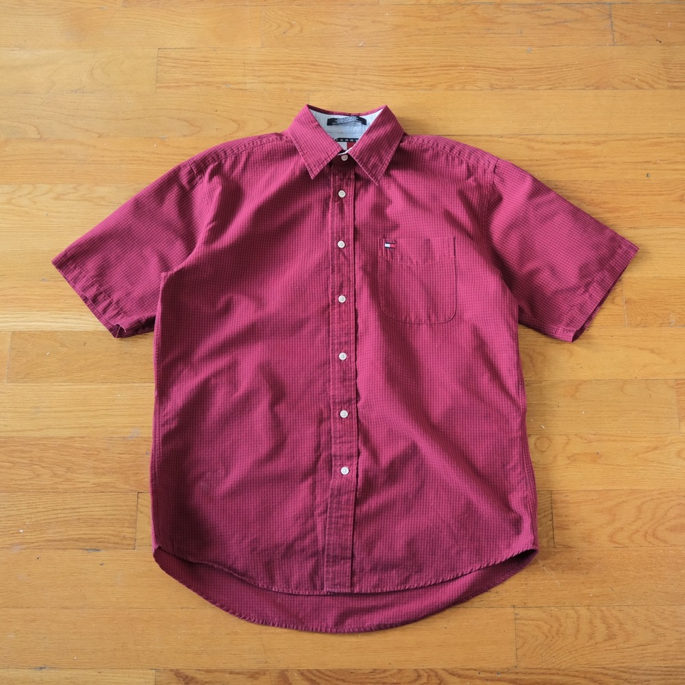 Tommy Hilfiger Button Down Shirt Mens Maroon Vintage Check Aesthetic M Short